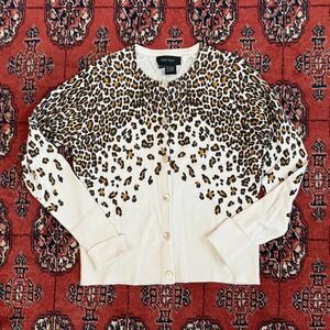 ⁠Karen Kane Leopard Print Fade Cardigan Pearl Buttons Ivory Brown Size S